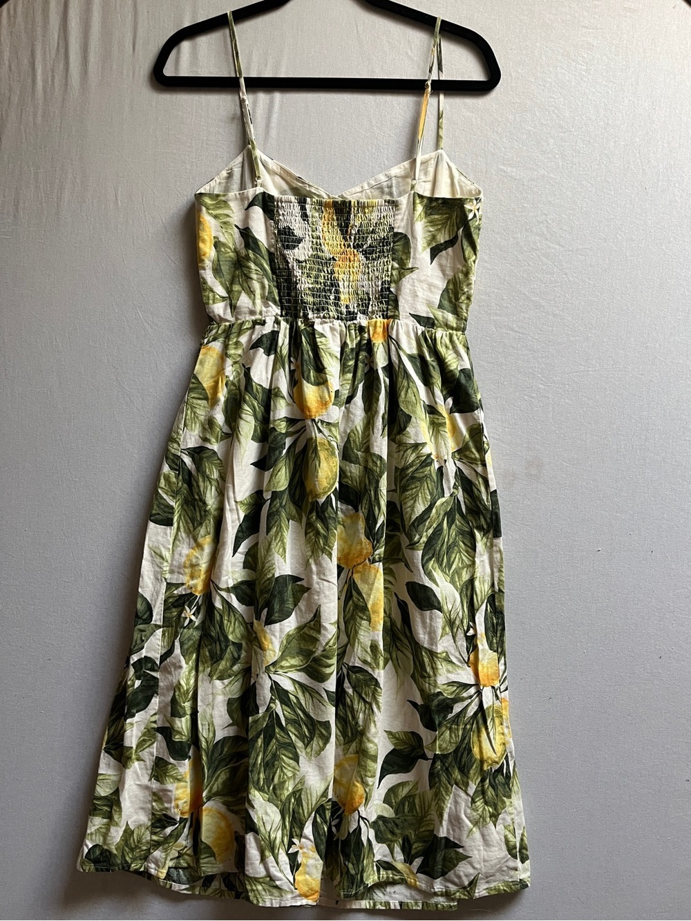 H&M Linen Blend Tropical Leaf Citrus Fruit Print Button Front Midi Dress Sz XS - Picture 3 of 10